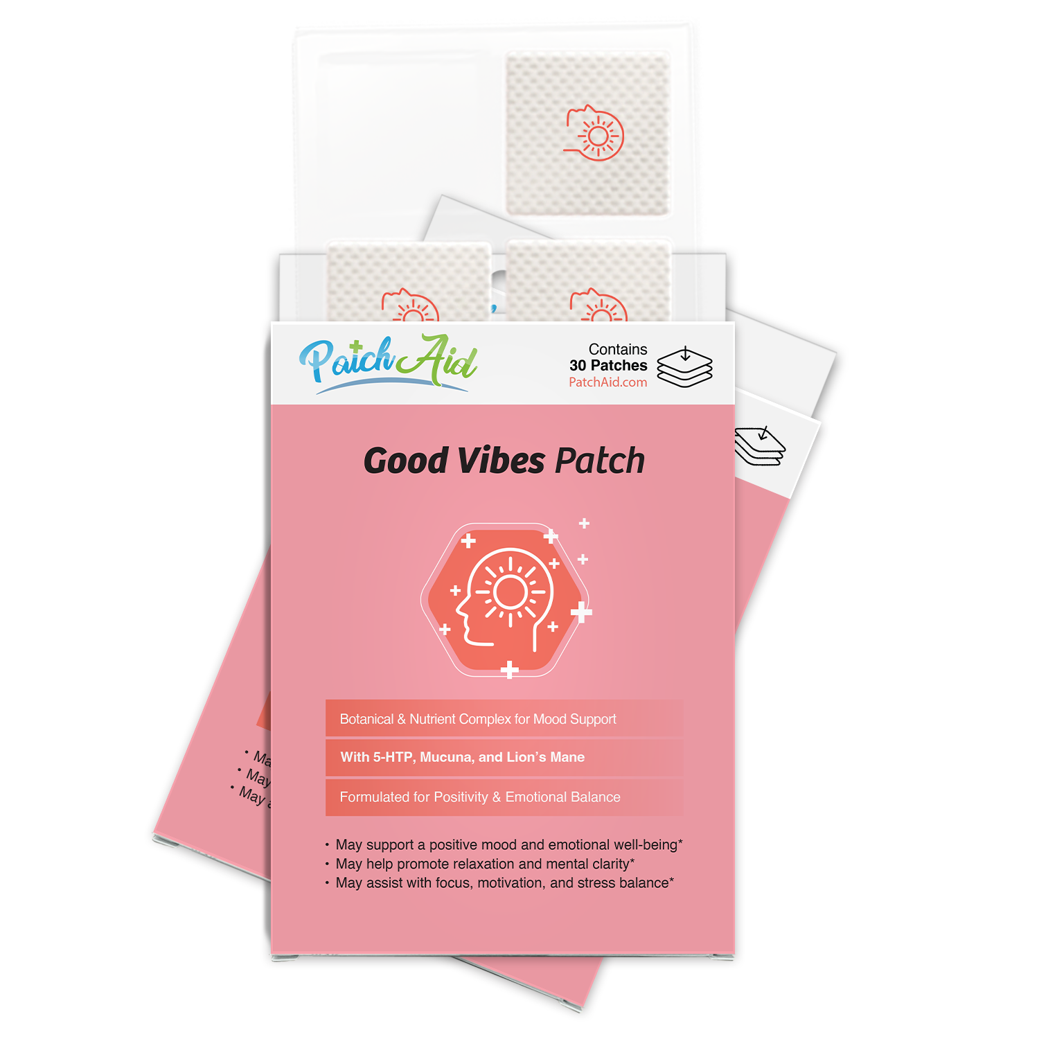 A box of "Good Vibes Patch" from PatchAid, featuring 30 mood support patches, displays a pink background with a sun icon and text highlighting its benefits for emotional balance and mental clarity.