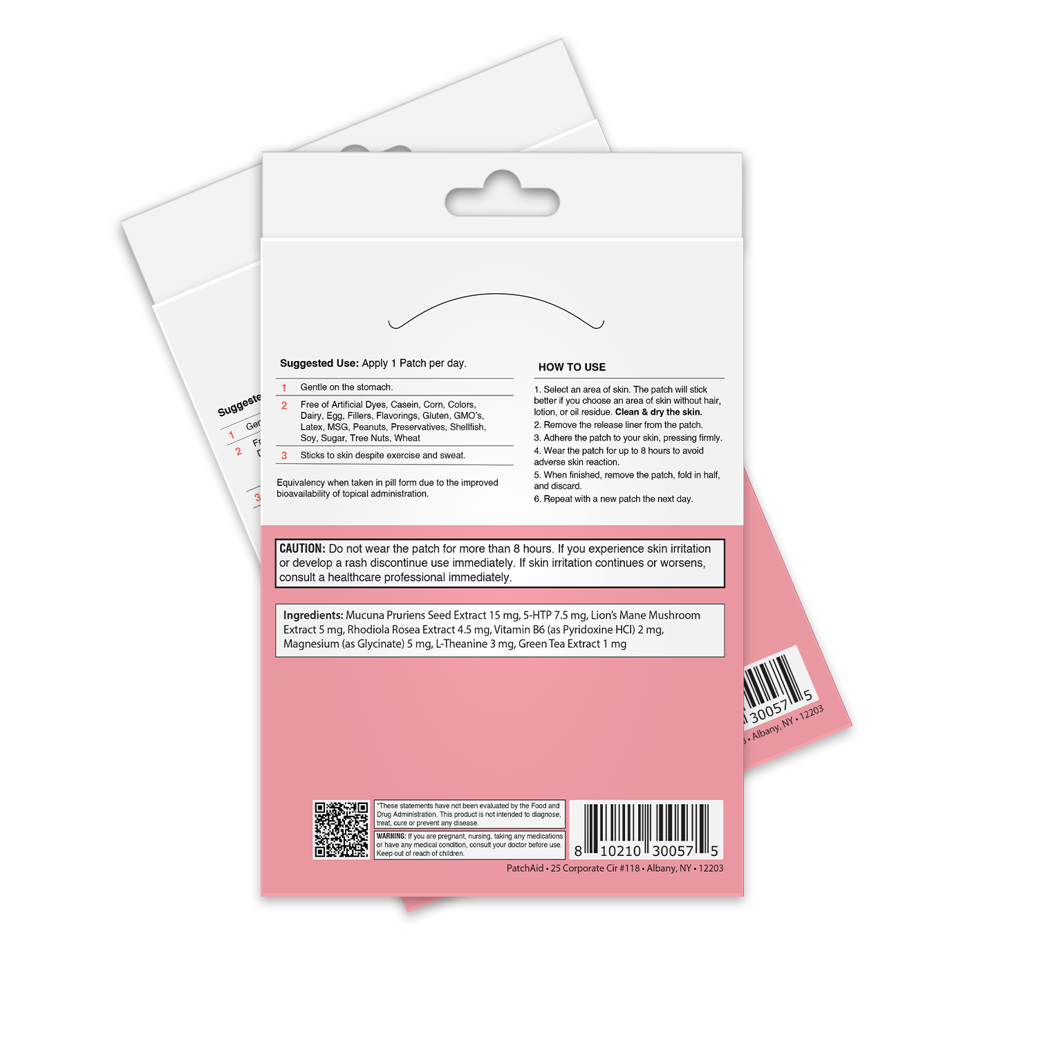 The image shows the back of a product package for a skin patch, featuring usage instructions, ingredient list, and cautionary notes, all set against a simple background.
