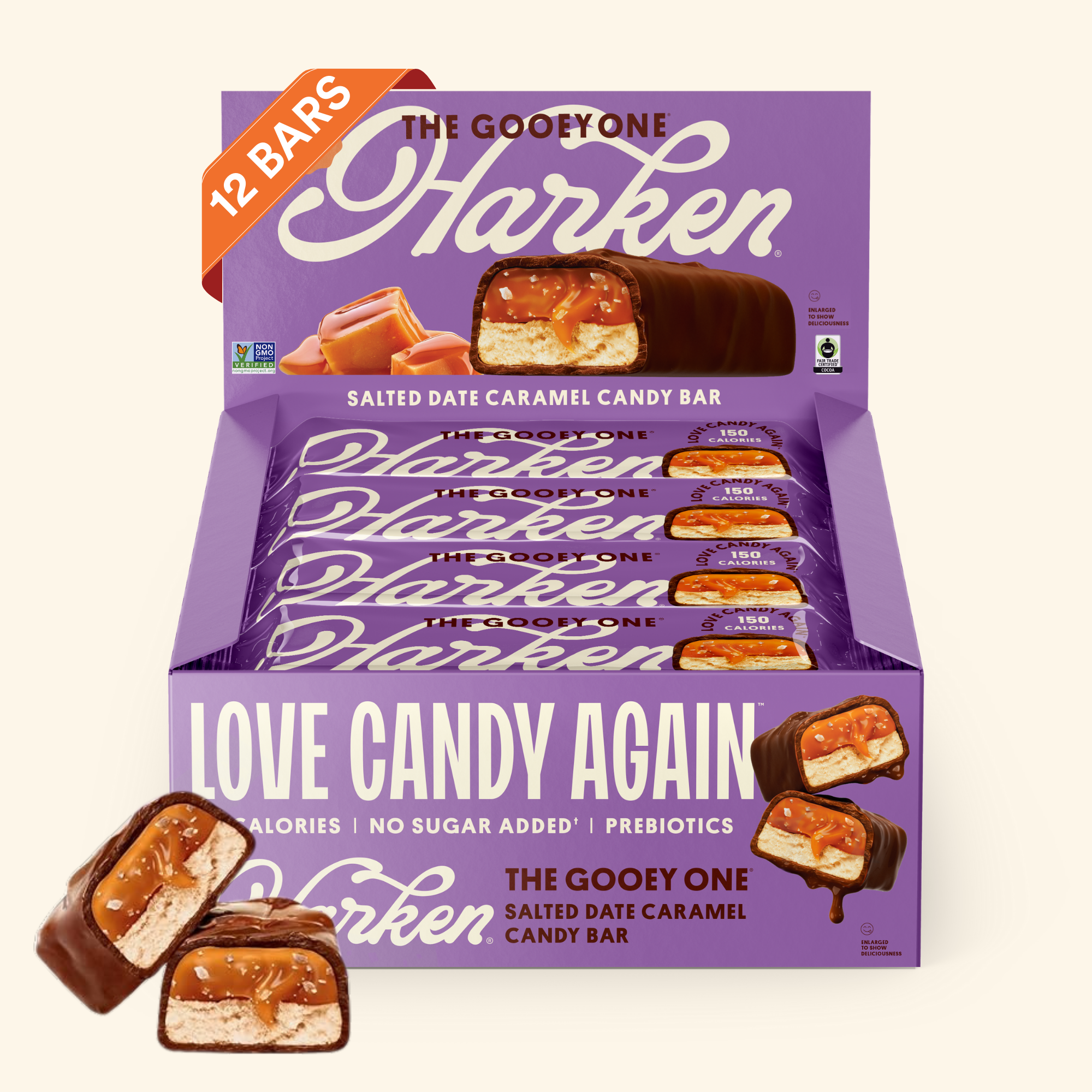 A display box of Harken's "The Gooey One" salted date caramel candy bars shows 12 bars, with one cut open to reveal its gooey caramel filling, set against a light background.