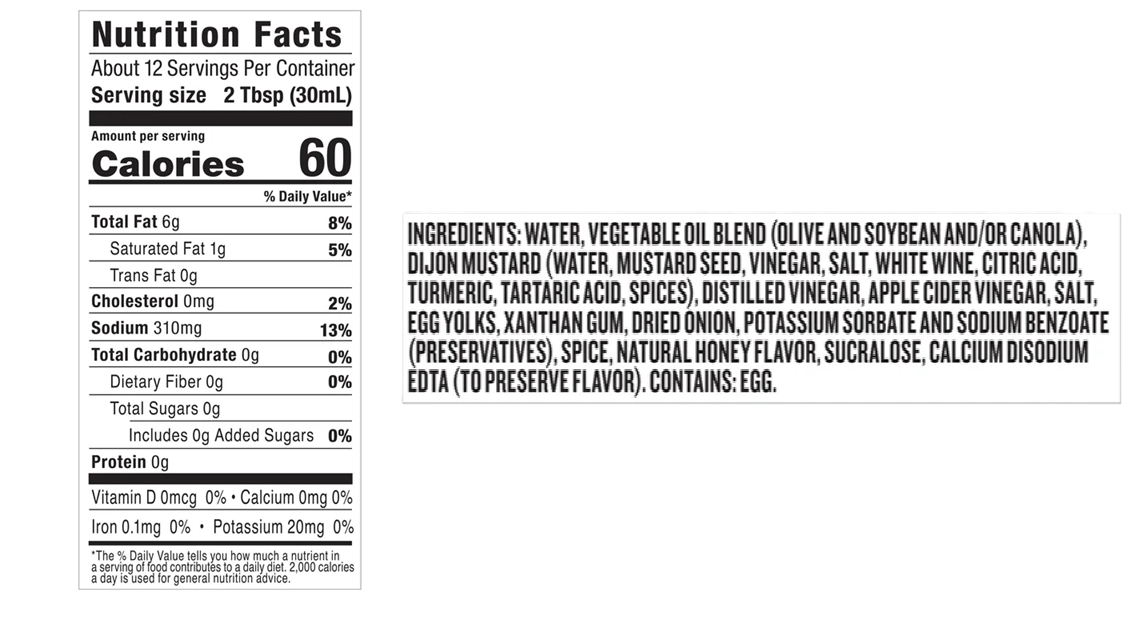 A nutrition facts label displays serving size, calories, and ingredient details for a condiment, highlighting components like vegetable oil, Dijon mustard, and preservatives.