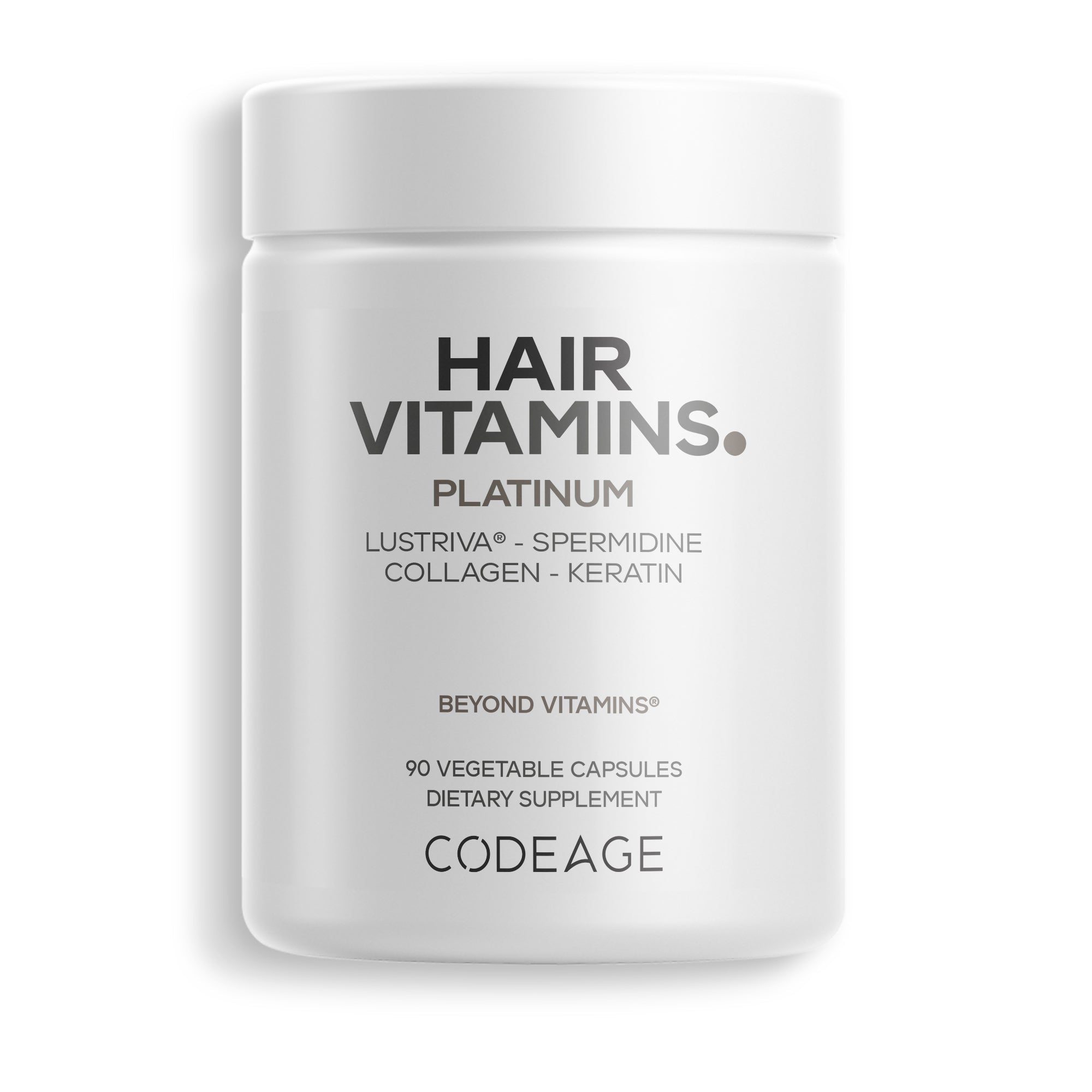 A white container labeled "HAIR VITAMINS. PLATINUM" with details about ingredients like Lustriva, Spermidine, Collagen, and Keratin, indicating it contains 90 vegetable capsules as a dietary supplement.