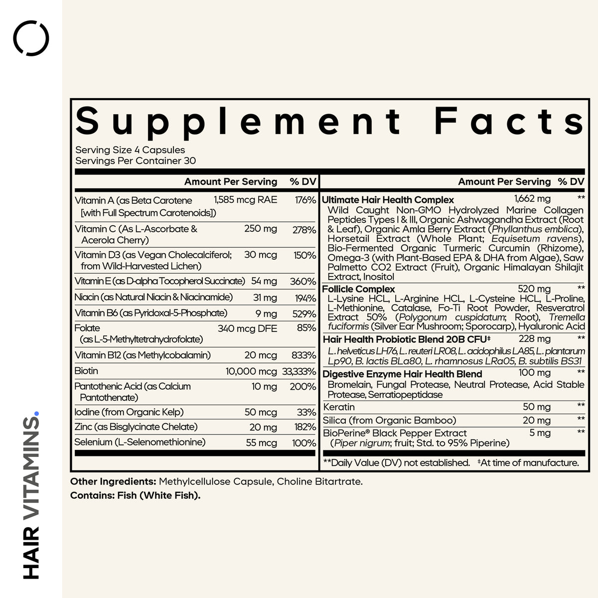 A supplement facts label lists ingredients and nutritional information for hair vitamins, highlighting vitamins, minerals, and proprietary blends for hair health in a clear, organized format.