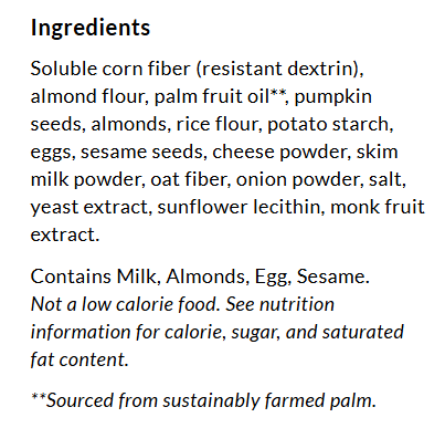 A list of ingredients for a food product, including items like almond flour, pumpkin seeds, and cheese powder, with notes on allergens and nutritional information.