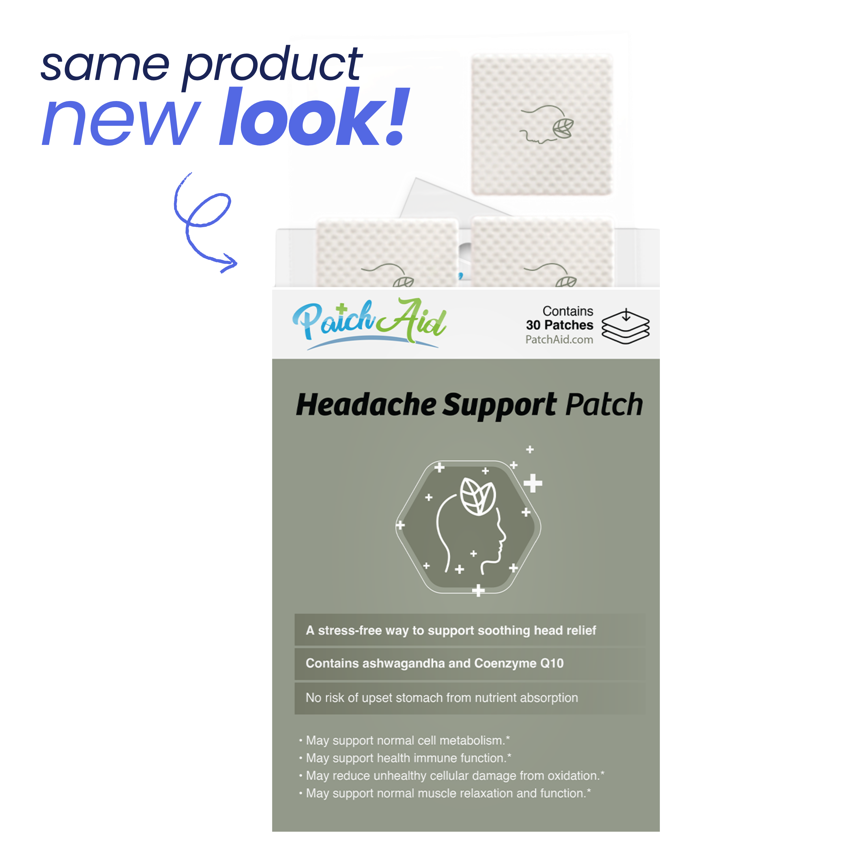Headache support patch packaging with 'same product, new look!' 