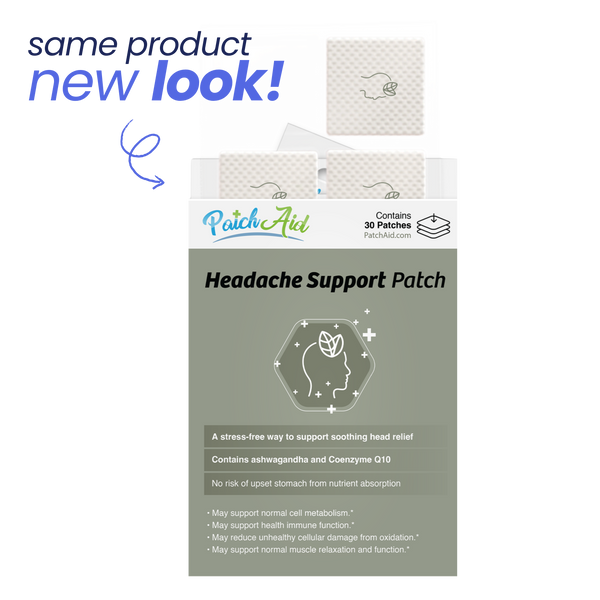 Headache support patch packaging with 'same product, new look!' 