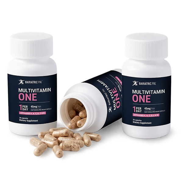 Three bottles of Bariatric Pal Multivitamin One are displayed, with one bottle tipped over to show capsules spilling out, highlighting the product's dietary supplement benefits and iron content.