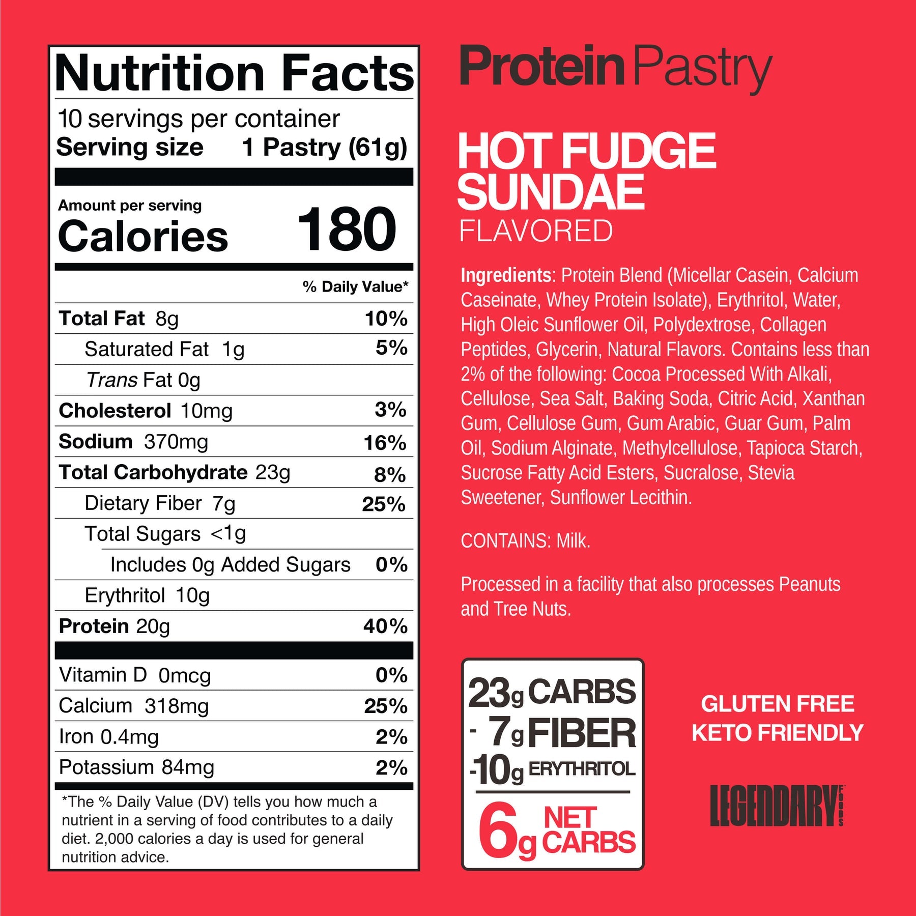 Nutrition facts label for a Hot Fudge Sundae flavored protein pastry, detailing serving size, calories, ingredients, and nutritional values, emphasizing gluten-free and keto-friendly attributes.