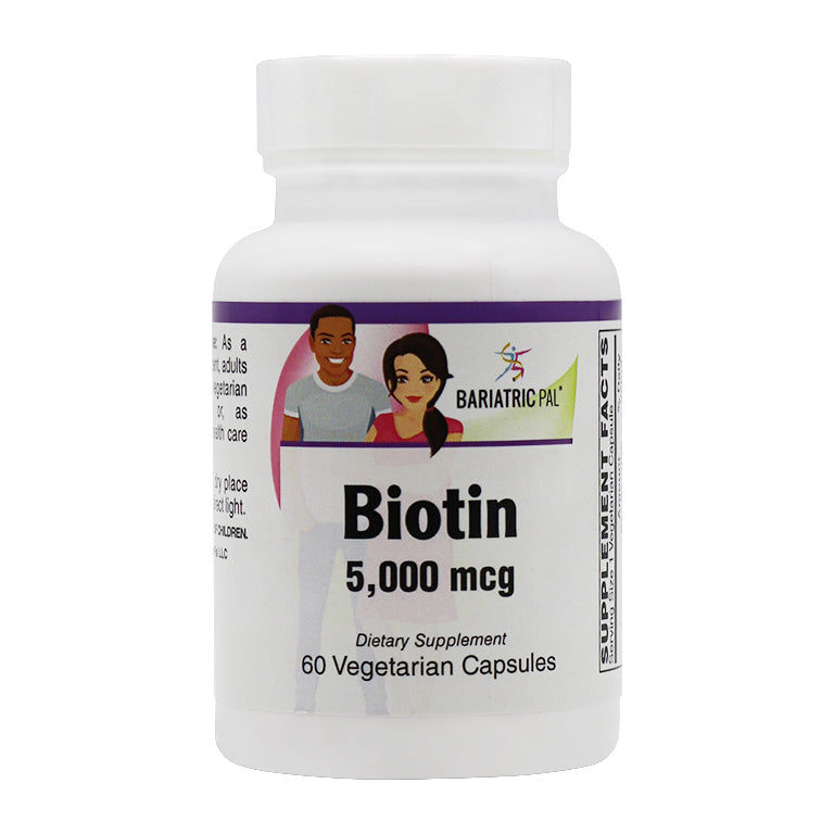 A white bottle of Biotin dietary supplement contains 60 vegetarian capsules, featuring illustrations of a man and woman on the label, highlighting its use for health support.