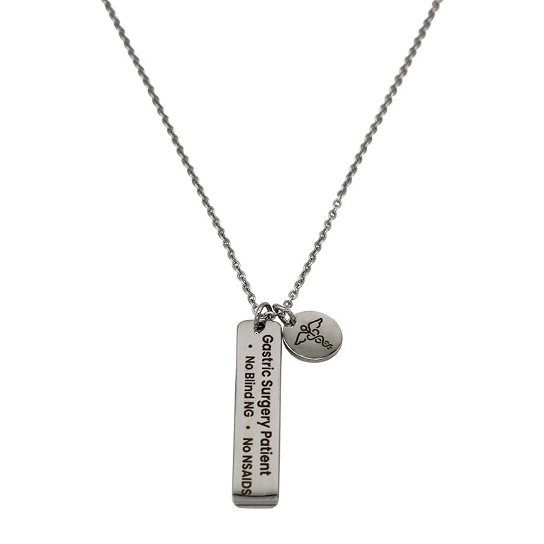 Gastric Surgery Medical Alert Necklace: Engraved Stereoscopic Rod Pendant with Caduceus Charm by BariatricPal