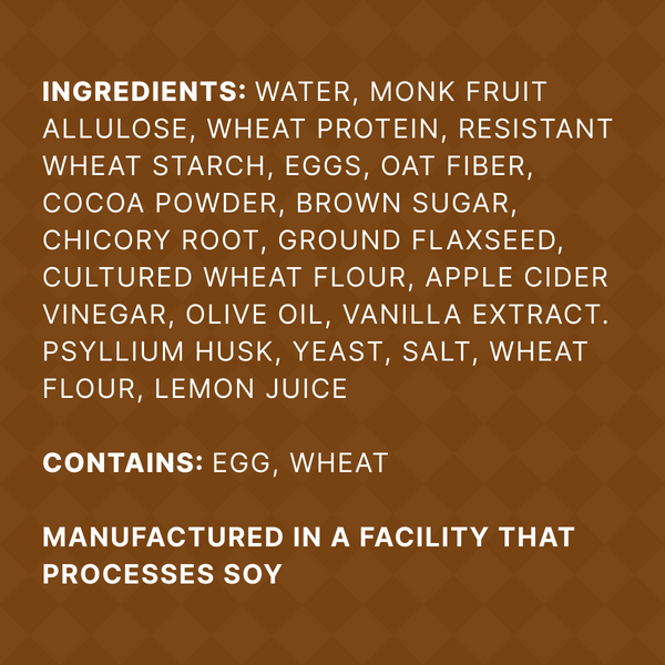 A list of ingredients for a food product is displayed on a brown background, detailing items like water, monk fruit, eggs, and flour, with notes on allergens and manufacturing practices.