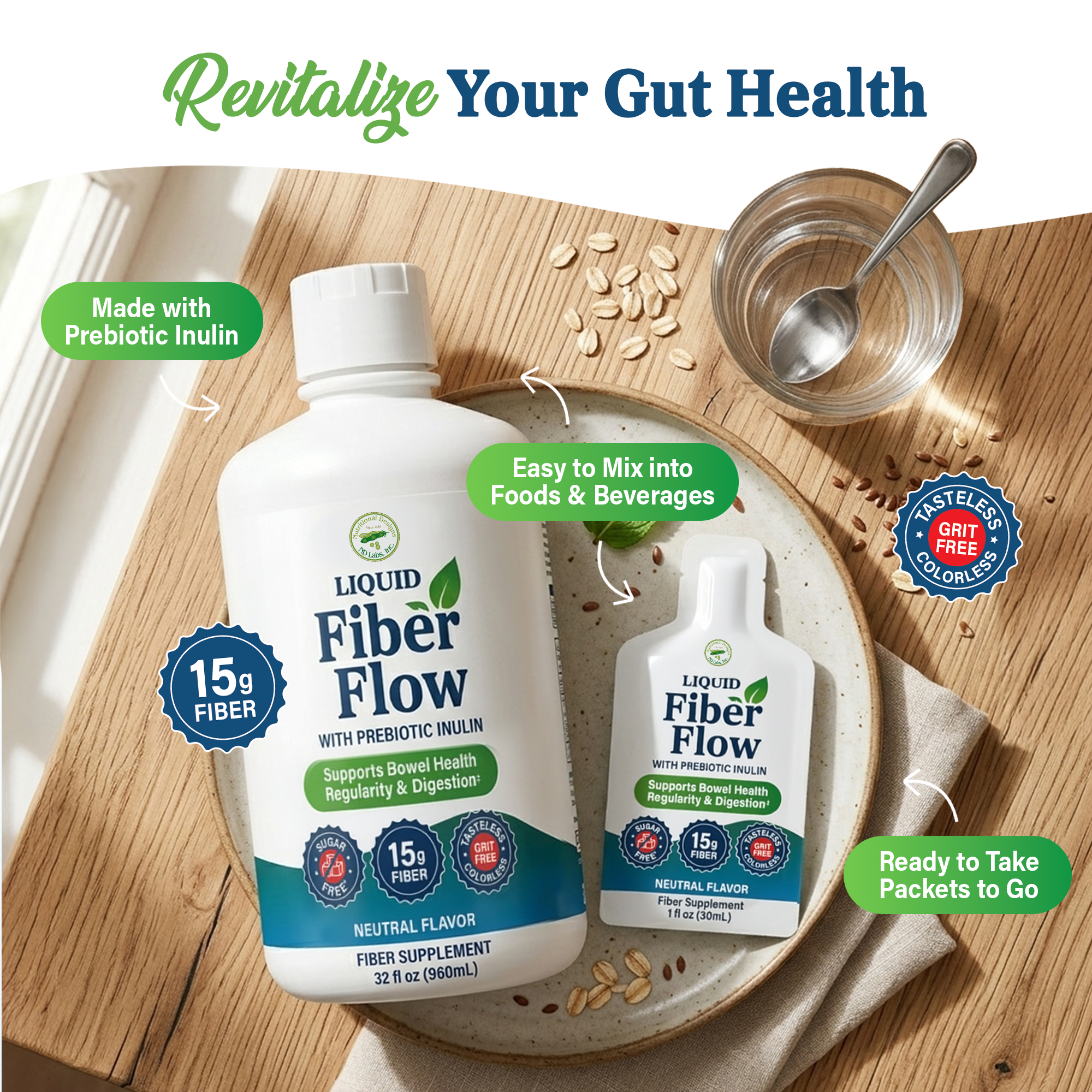 A bottle and a smaller packet of Liquid Fiber Flow sit on a wooden surface with oats scattered around, promoting gut health with 15g of fiber and highlighting easy mixing and portability.