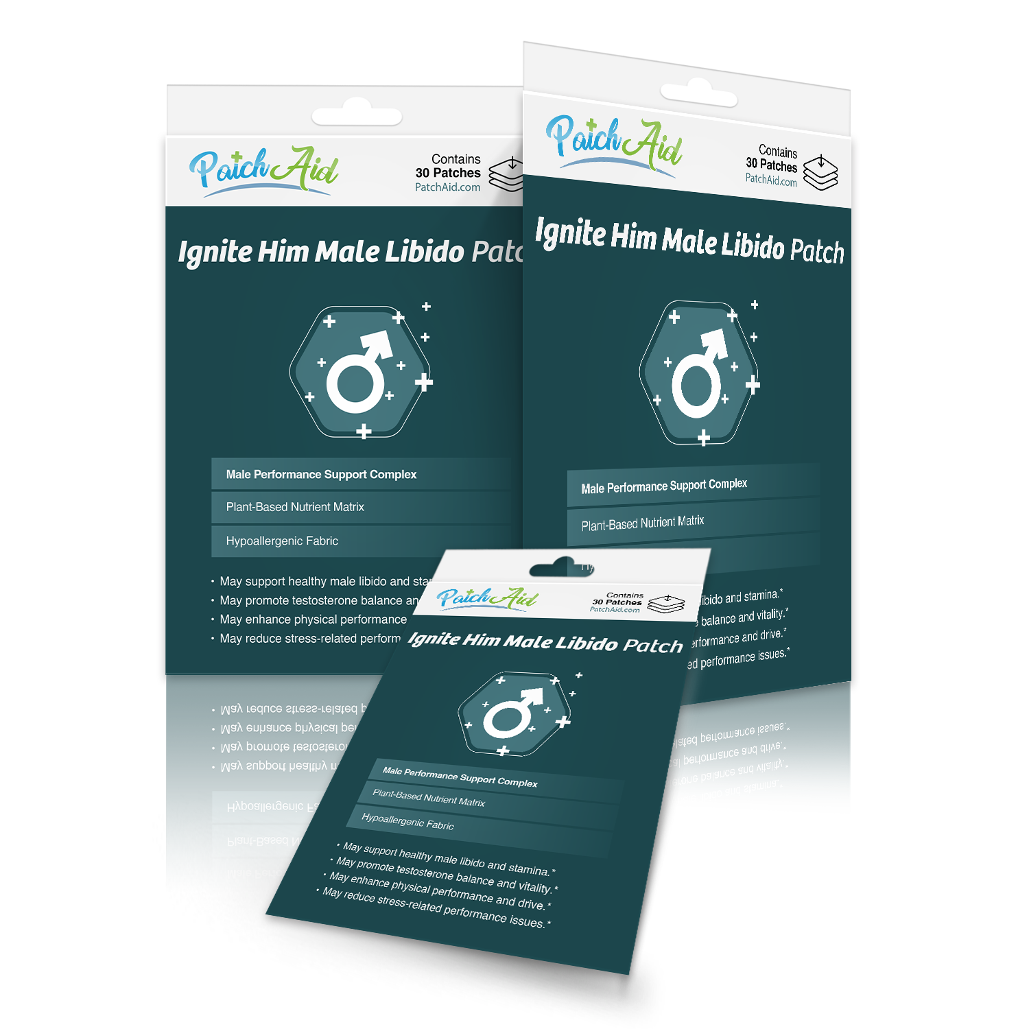 Three packages of "Ignite Him Male Libido Patch" are displayed, featuring a dark teal background, a male gender symbol, and text highlighting benefits like plant-based nutrients and performance support.