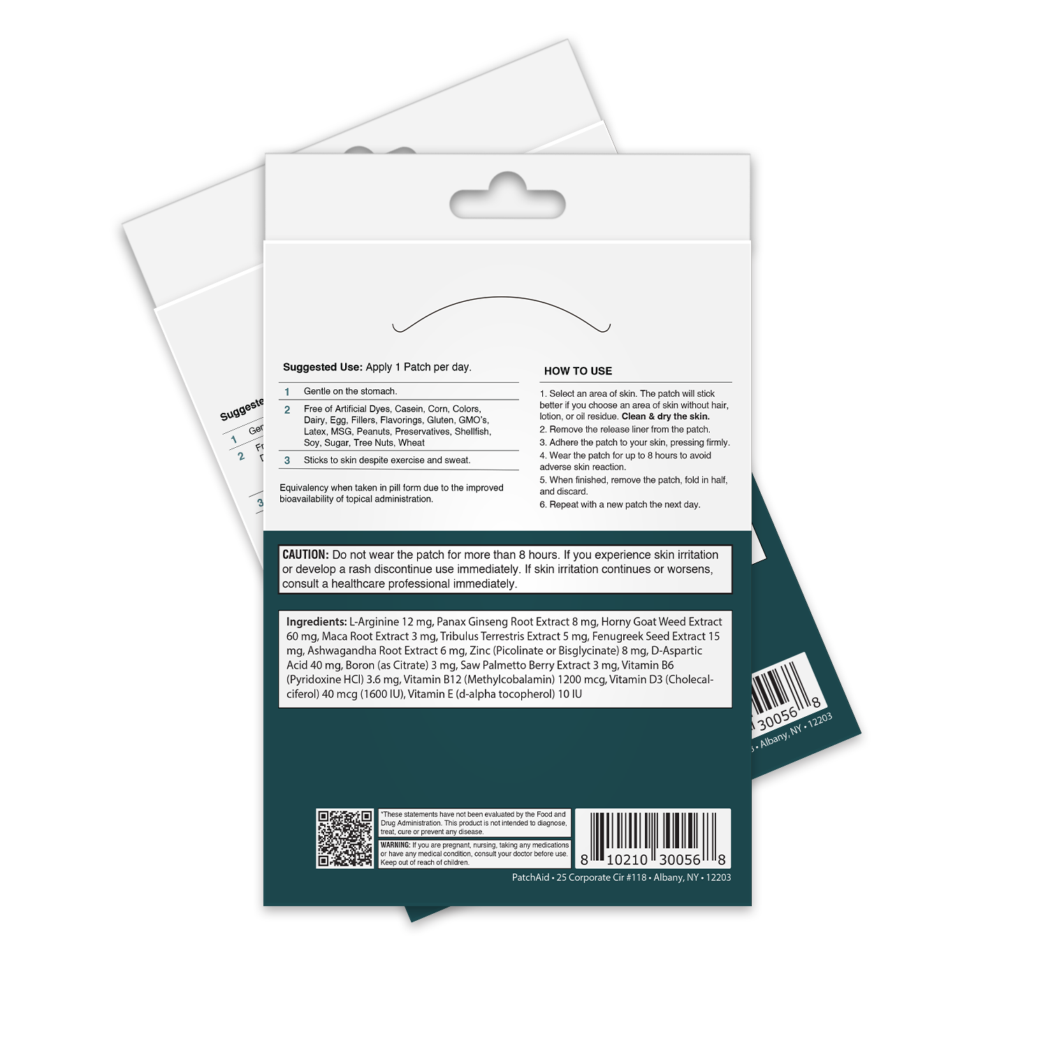 The image shows the back of a product package for a skin patch, featuring usage instructions, ingredients, and cautionary notes, with a clean design and clear text for easy readability.