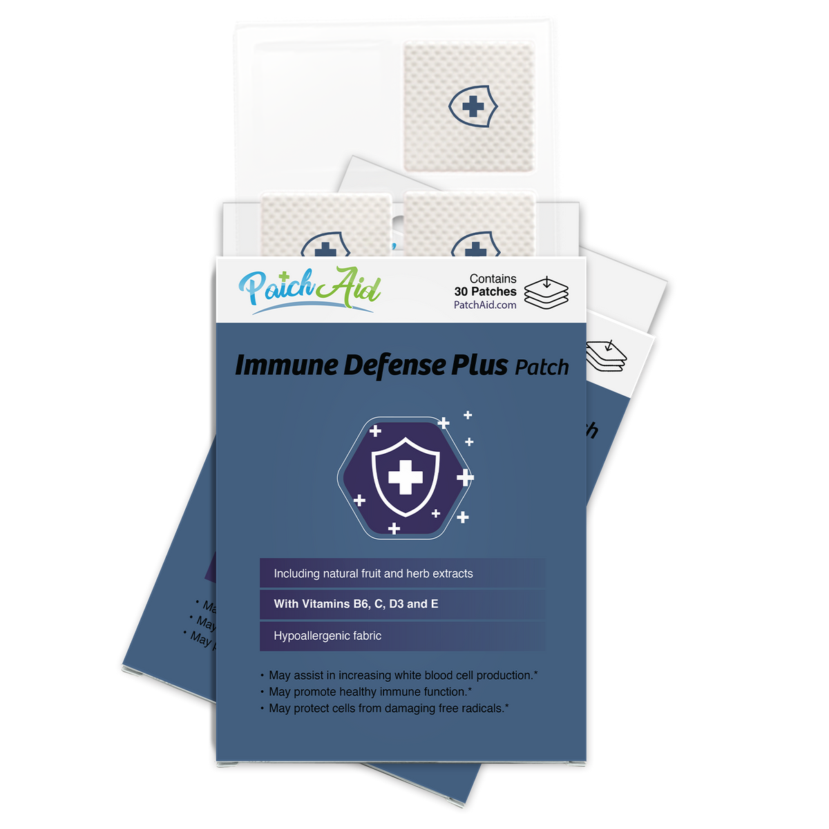 A package of "Immune Defense Plus" patches from PatchAid, featuring a blue and white design, highlights benefits like vitamins B6, C, D3, and E, and includes 30 hypoallergenic patches.