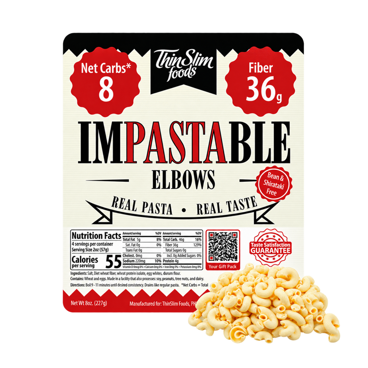 Impastable Elbow Pasta with 4g of protein and 55 calories.