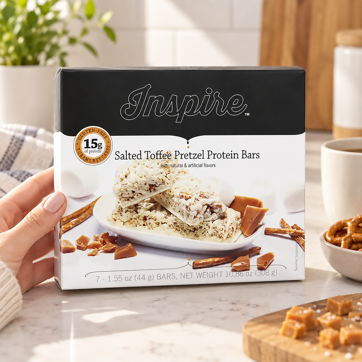 Inspire Salted Toffee Pretzel Protein Bars by Bariatric Eating with 15 grams of protein