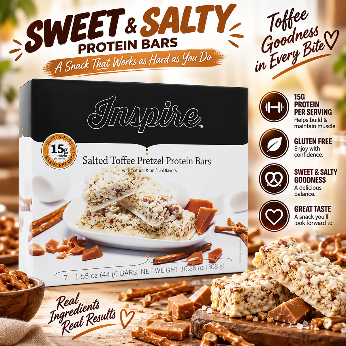 Inspire Salted Toffee Pretzel Protein Bars by Bariatric Eating with 15 grams of protein