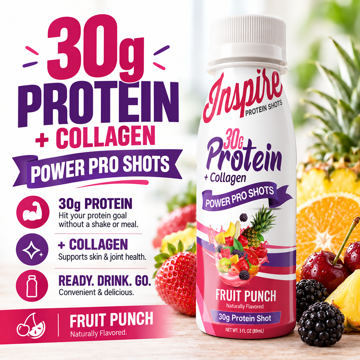 Inspire Fruit Punch + Collagen Power Shot with 30 grams of protein in a 3-fluid-ounce bottle.