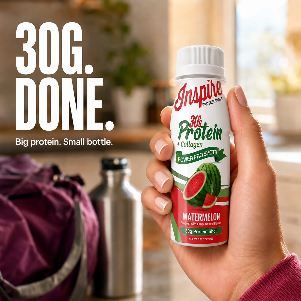 Inspire Watermelon Power Pro Shot with 30 grams of protein plus collagen in a 3-fluid-ounce serving.