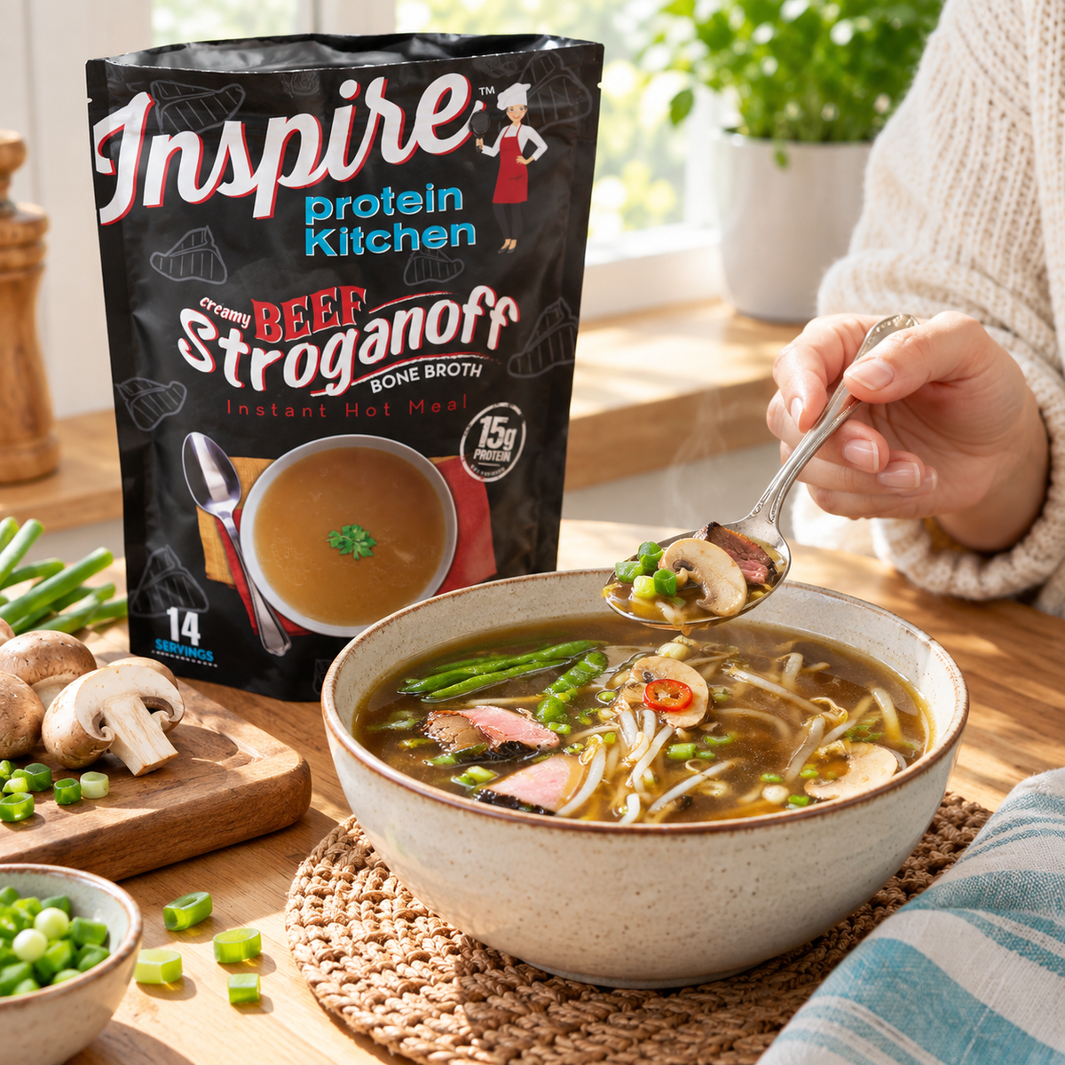 Inspire Protein Kitchen Creamy Beef Stroganoff Bone Broth Instant Hot Meal with 15 grams of protein per serving. Contains 14 servings.