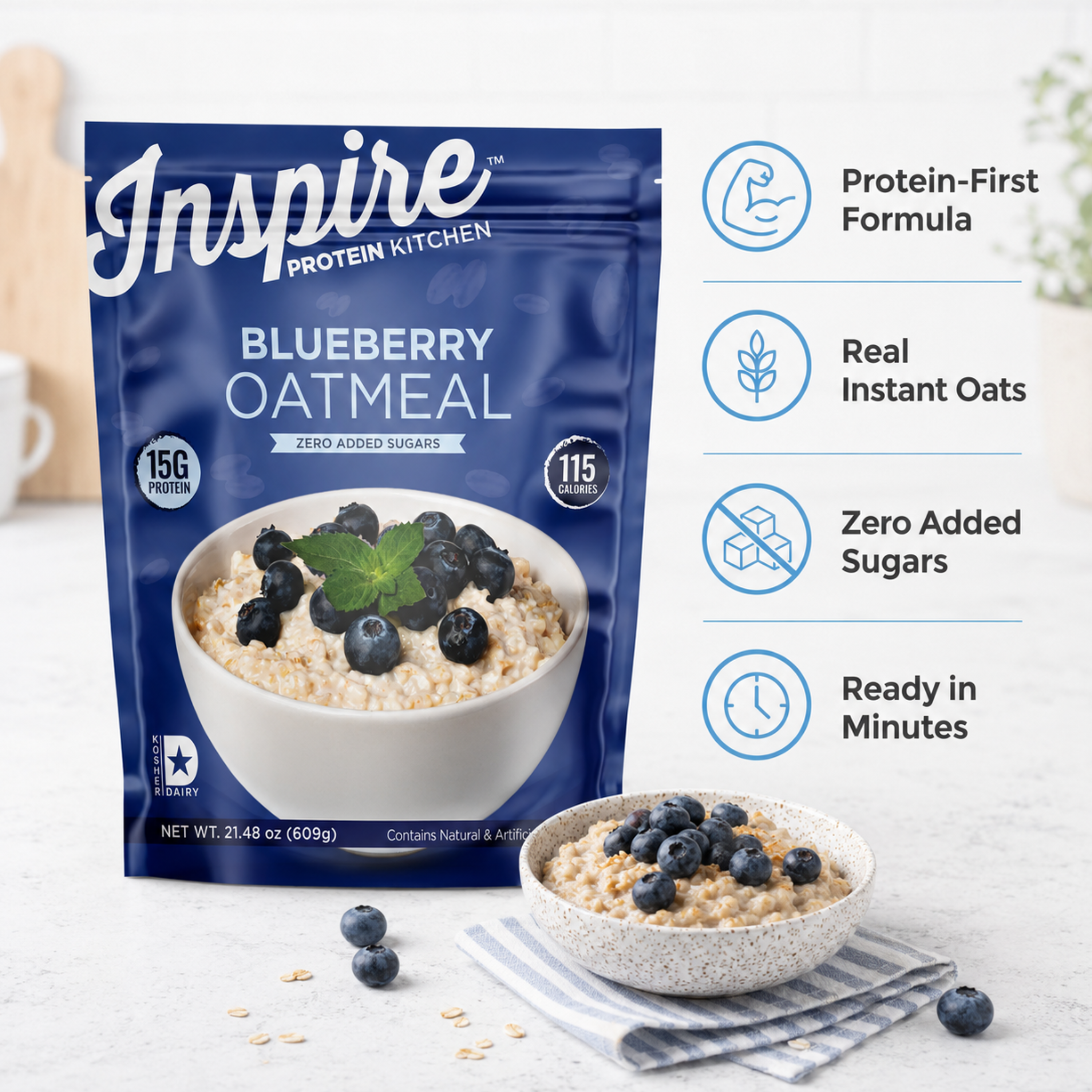Inspire Blueberry Protein Oatmeal with 15 grams of protein, real instant oats, zero added sugar and 115 calories per serving. Ready in minutes.