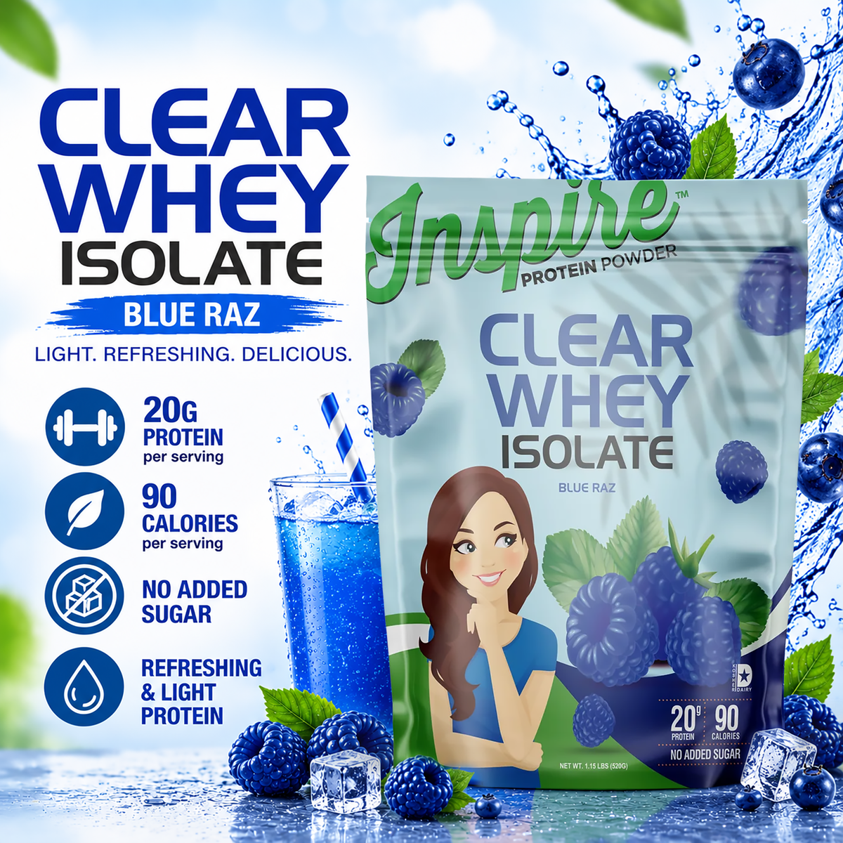 Inspire Blue Raz Clear Whey Isolate Protein Powder with 20 grams of protein, 90 calories and no added sugar per serving.