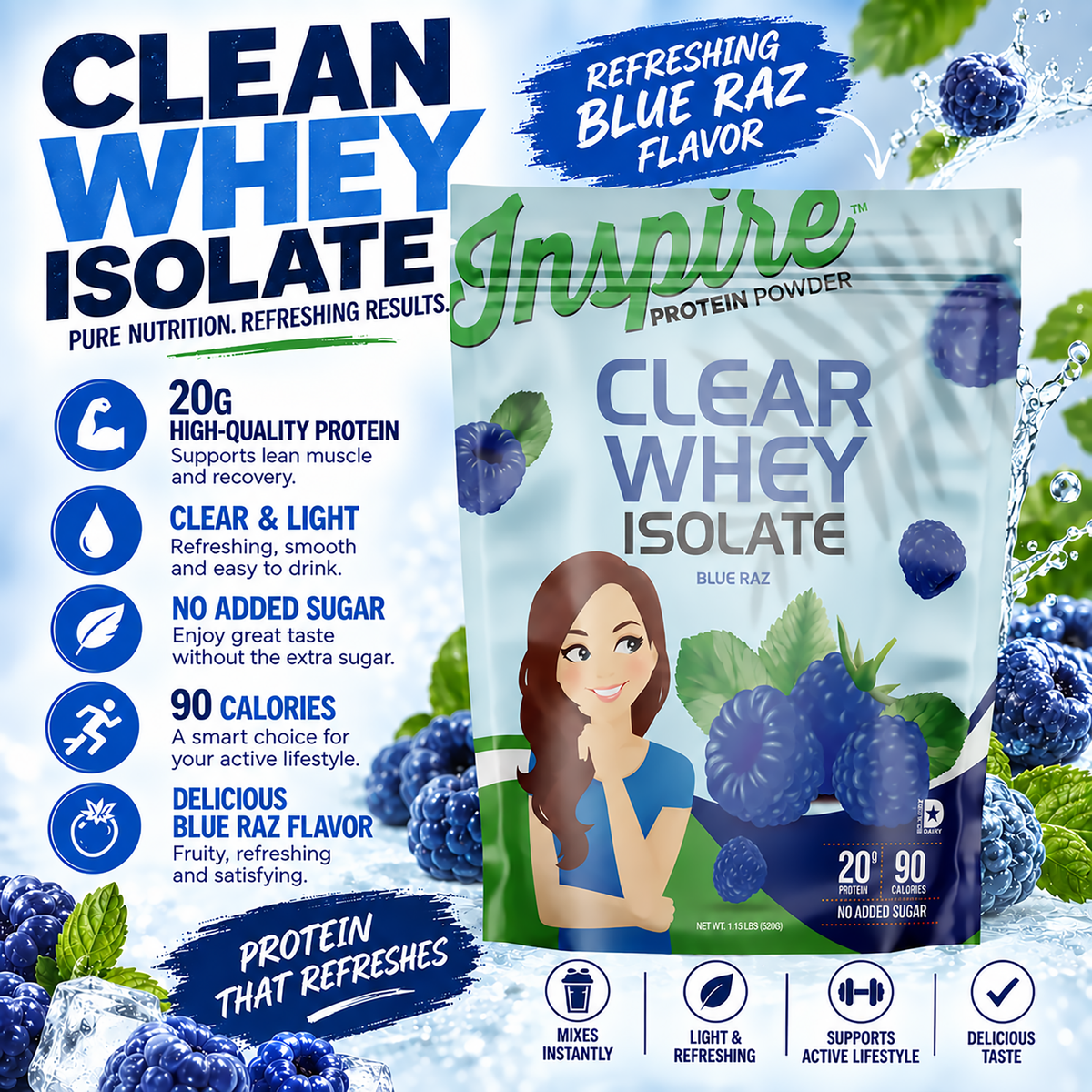 Inspire Blue Raz Clear Whey Isolate Protein Powder with 20 grams of protein, 90 calories and no added sugar per serving.
