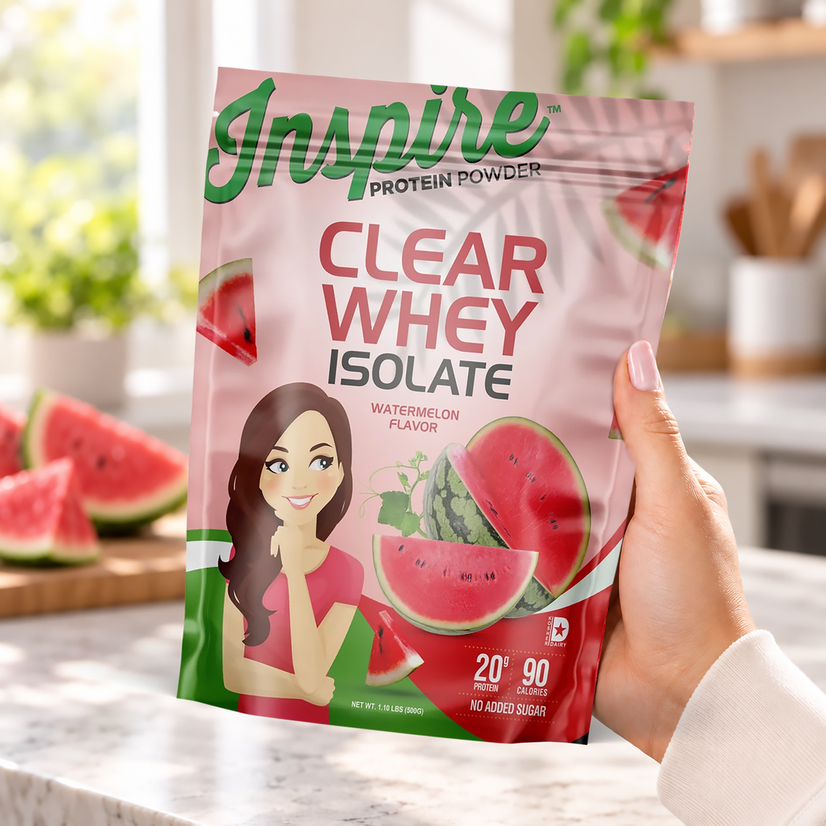 Inspire Watermelon Clear Whey Isolate Protein Powder with 20 grams of protein, 90 calories and no added sugar per serving.