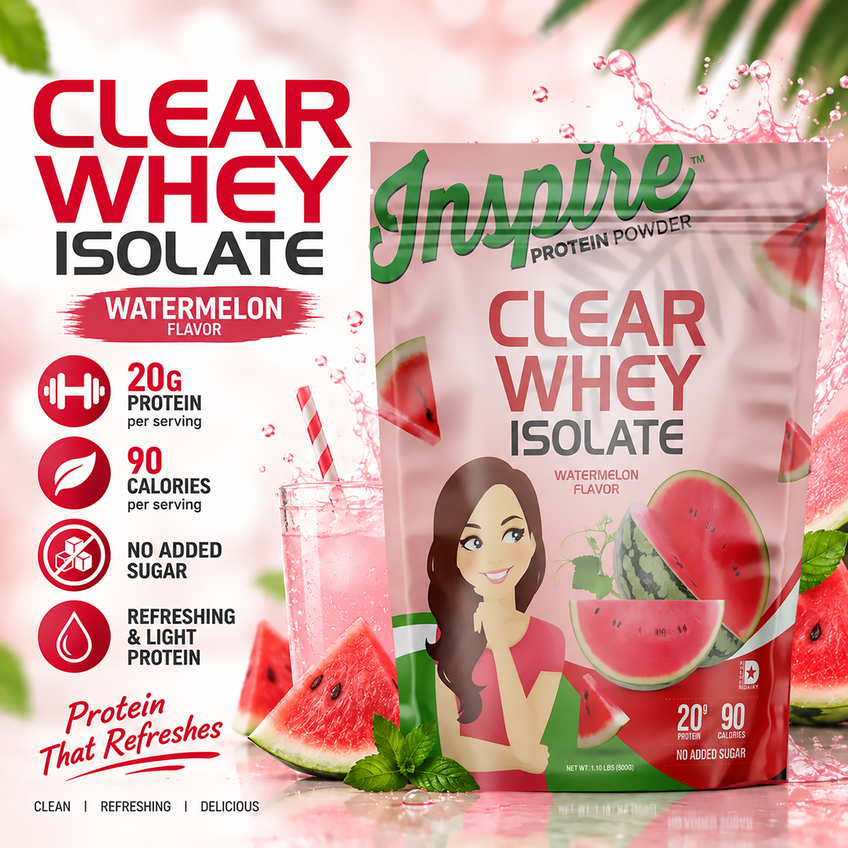 Inspire Watermelon Clear Whey Isolate Protein Powder with 20 grams of protein, 90 calories and no added sugar per serving.