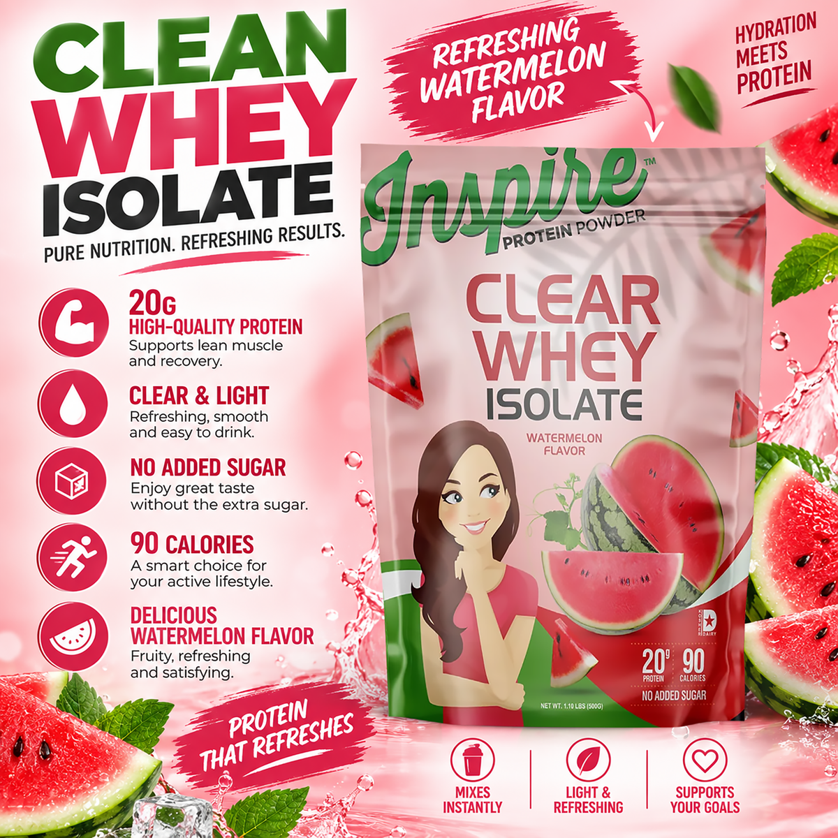 Inspire Watermelon Clear Whey Isolate Protein Powder with 20 grams of protein, 90 calories and no added sugar per serving.