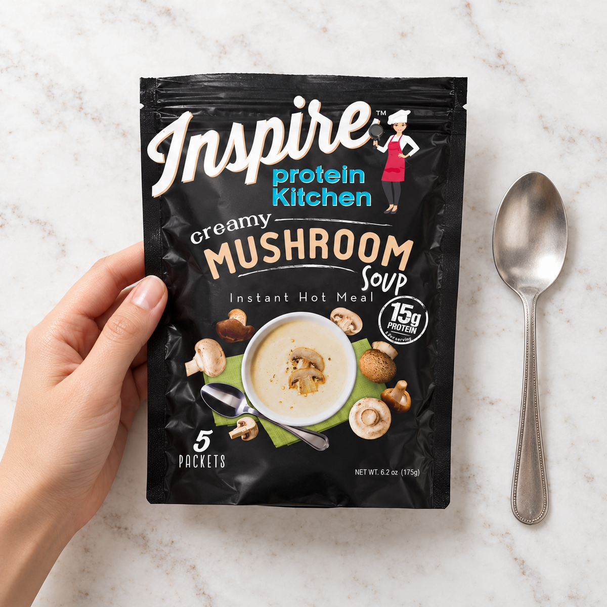 Creamy Mushroom Soup from Inspire Protein Kitchen, with 15g of protein per serving.
