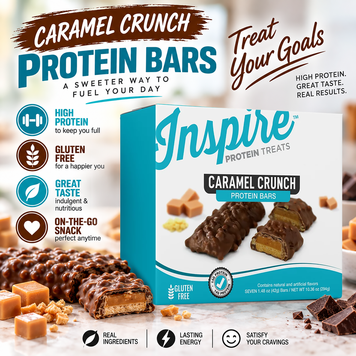 Inspire Protein Treats Caramel Crunch Protein Bars with 14 grams of protein per gluten-free bar. Contains seven chocolate-covered bars.