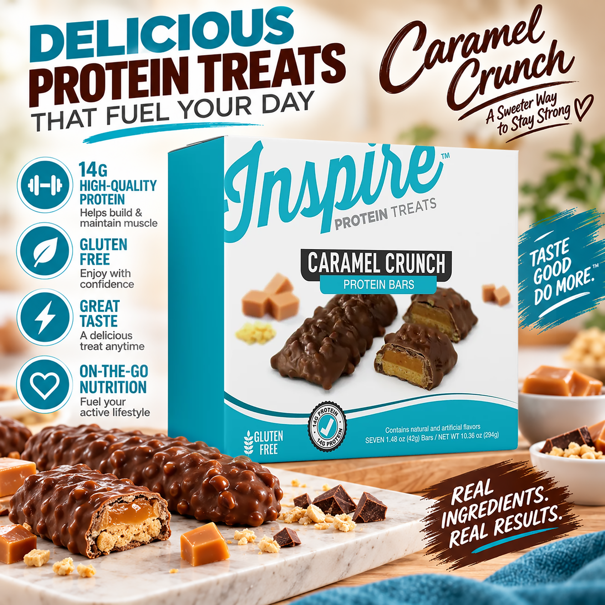 Inspire Protein Treats Caramel Crunch Protein Bars with 14 grams of protein per gluten-free bar. Contains seven chocolate-covered bars.