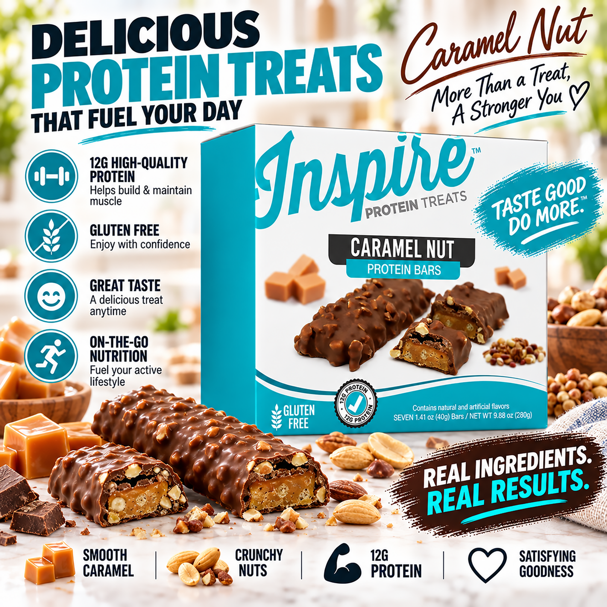 Inspire Caramel Nut Protein Bar with 12 grams of protein.