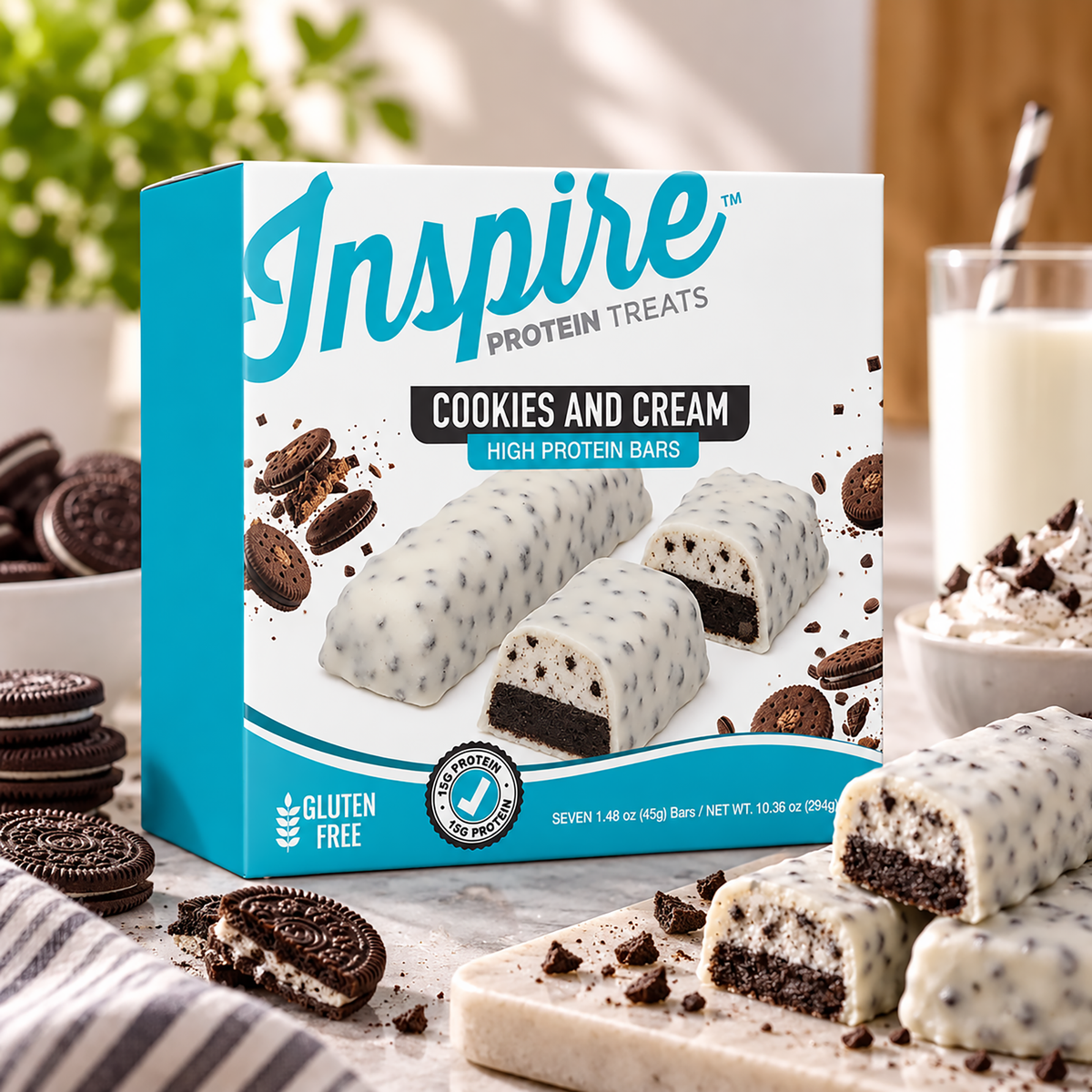 Inspire Protein Treats Cookies & Cream Protein Bars with 15 grams of protein per gluten-free bar. Contains seven chocolate-covered bars.