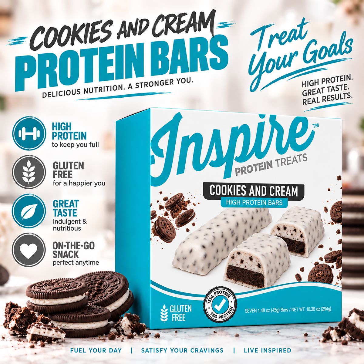 Inspire Protein Treats Cookies & Cream Protein Bars with 15 grams of protein per gluten-free bar. Contains seven chocolate-covered bars.