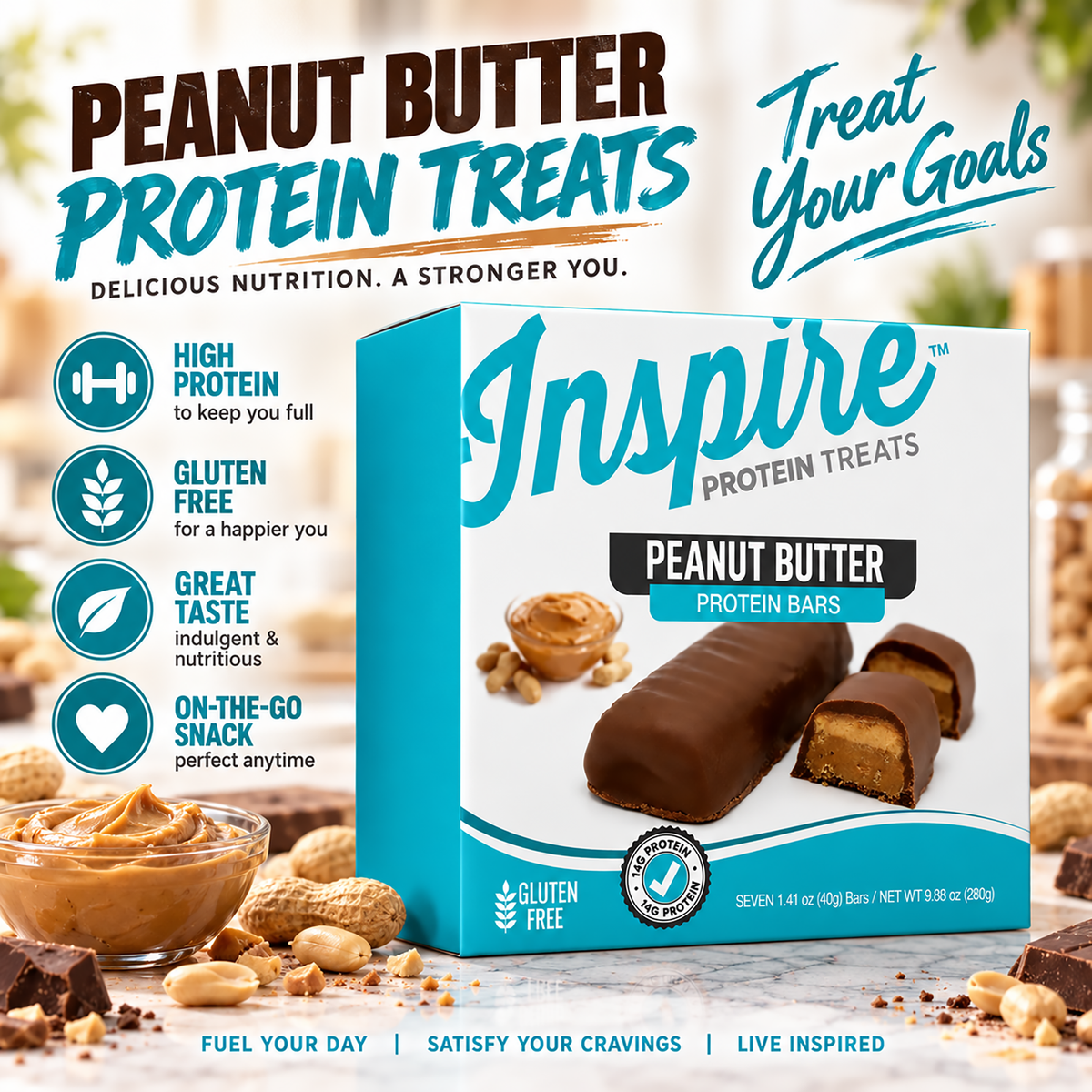 Inspire Protein Treats Peanut Butter Protein Bars with 14 grams of protein per gluten-free bar. Contains seven chocolate-covered bars.