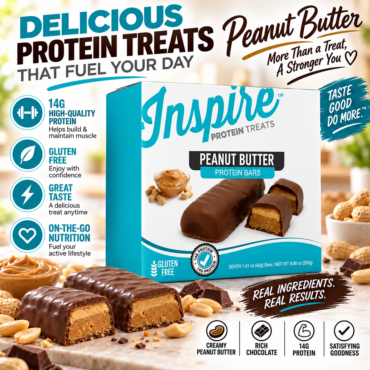Inspire Protein Treats Peanut Butter Protein Bars with 14 grams of protein per gluten-free bar. Contains seven chocolate-covered bars.