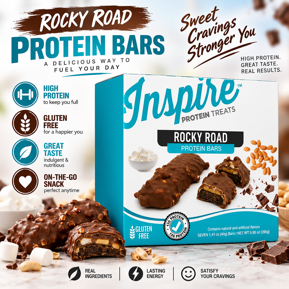 Inspire Rocky Road Protein Bars with chocolate, peanuts and marshmallow flavor. Each gluten-free bar has 13 grams of protein; seven bars per box.