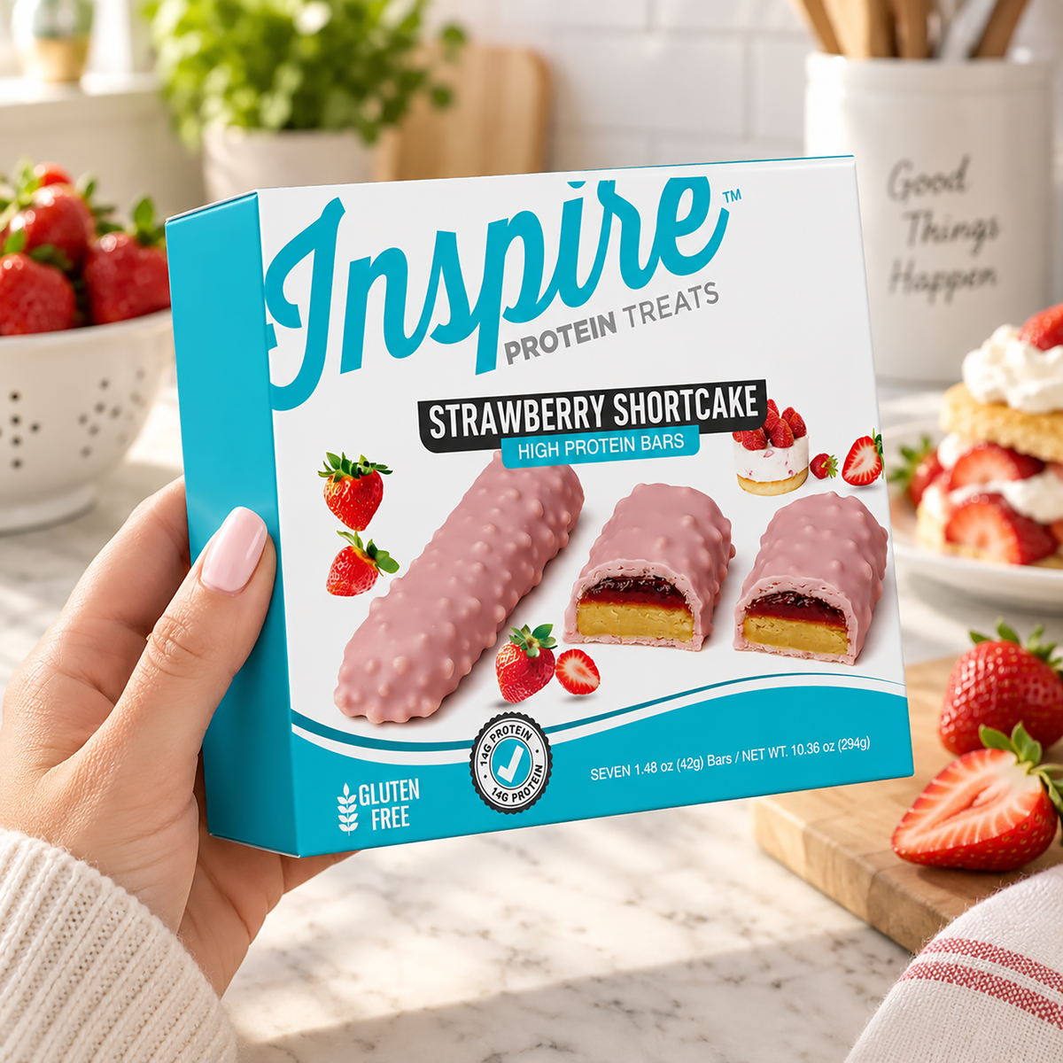 Inspire Protein Treats Strawberry Shortcake Protein Bars with 14 grams of protein per gluten-free bar. Contains seven chocolate-covered bars.