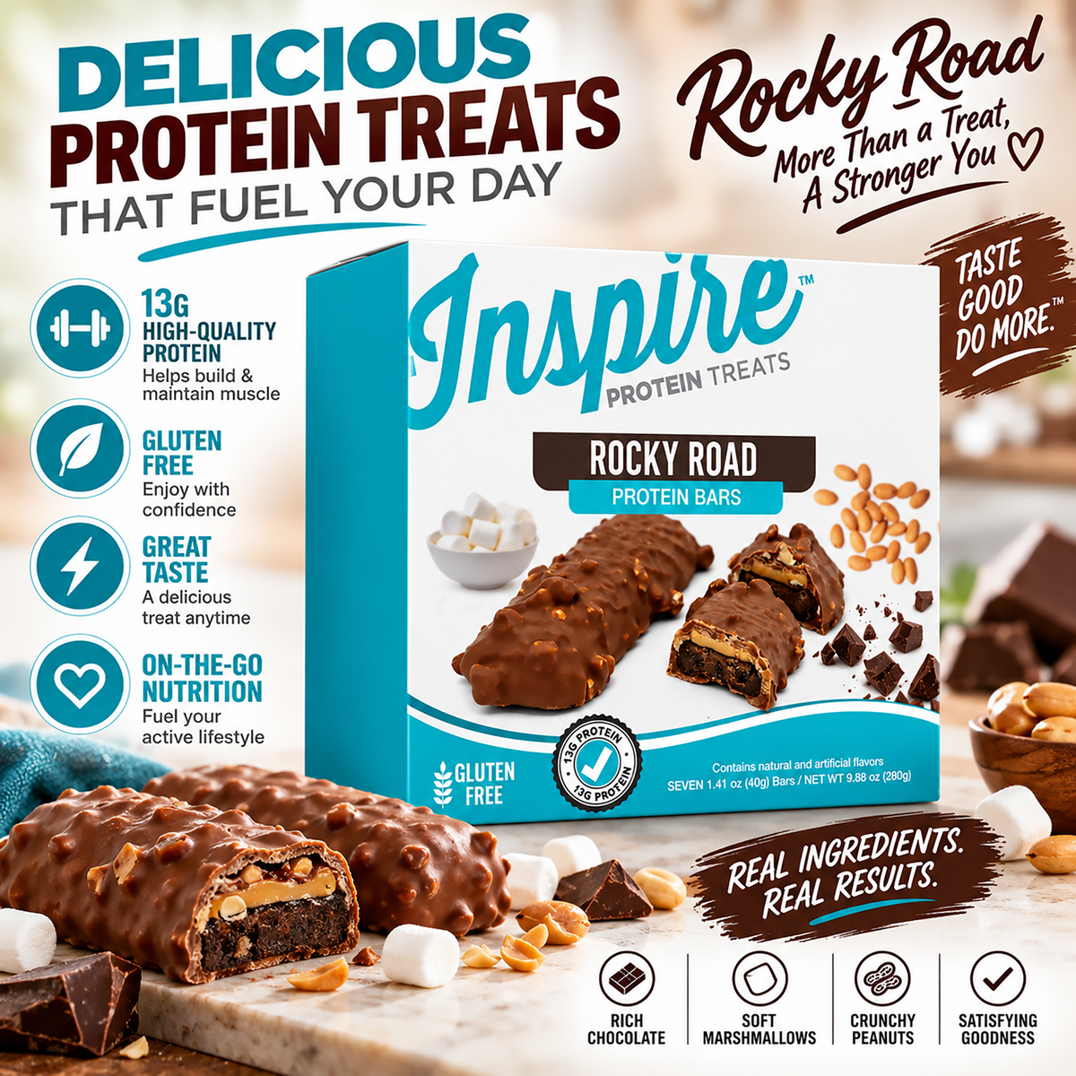 Inspire Rocky Road Protein Bars with chocolate, peanuts and marshmallow flavor. Each gluten-free bar has 13 grams of protein; seven bars per box.