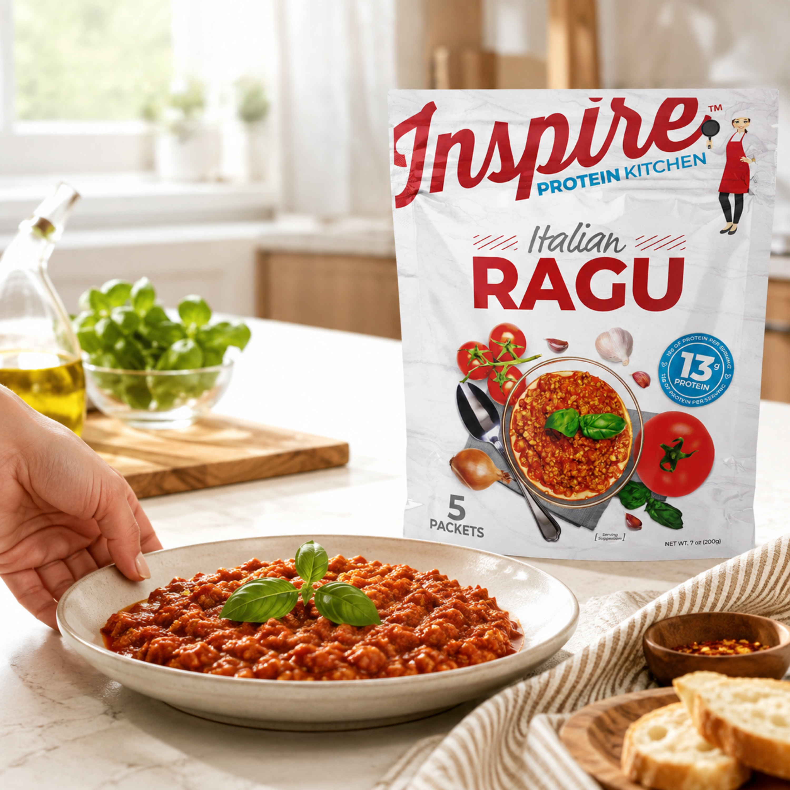 Inspire Italian Ragu Protein Entrée with 13 grams of plant-based protein per serving. Ready in minutes and includes five packets.