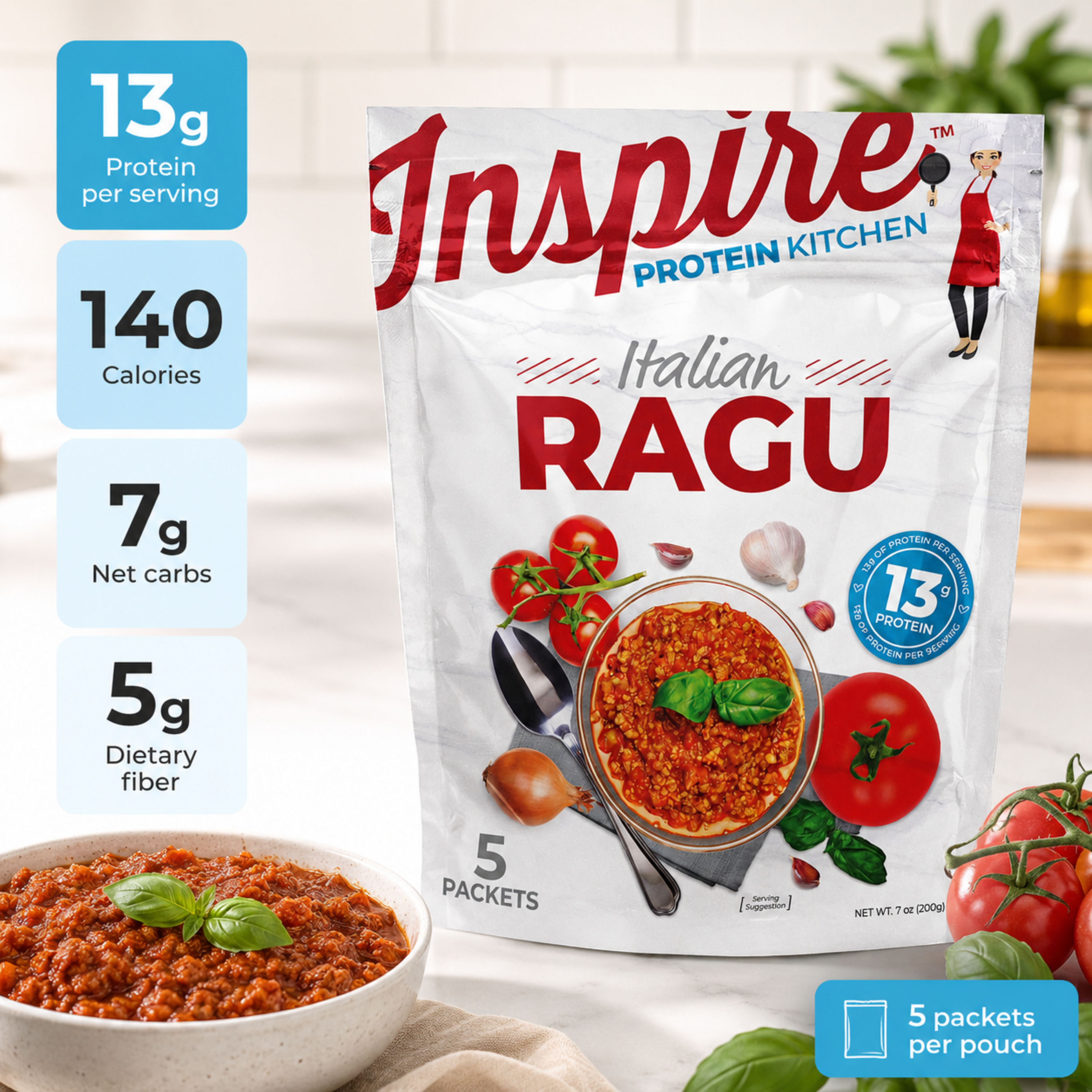 Package of Inspire Italian Ragu Protein Entrée with 13 grams of protein per serving, 140 calories, just 7 net carbs. 