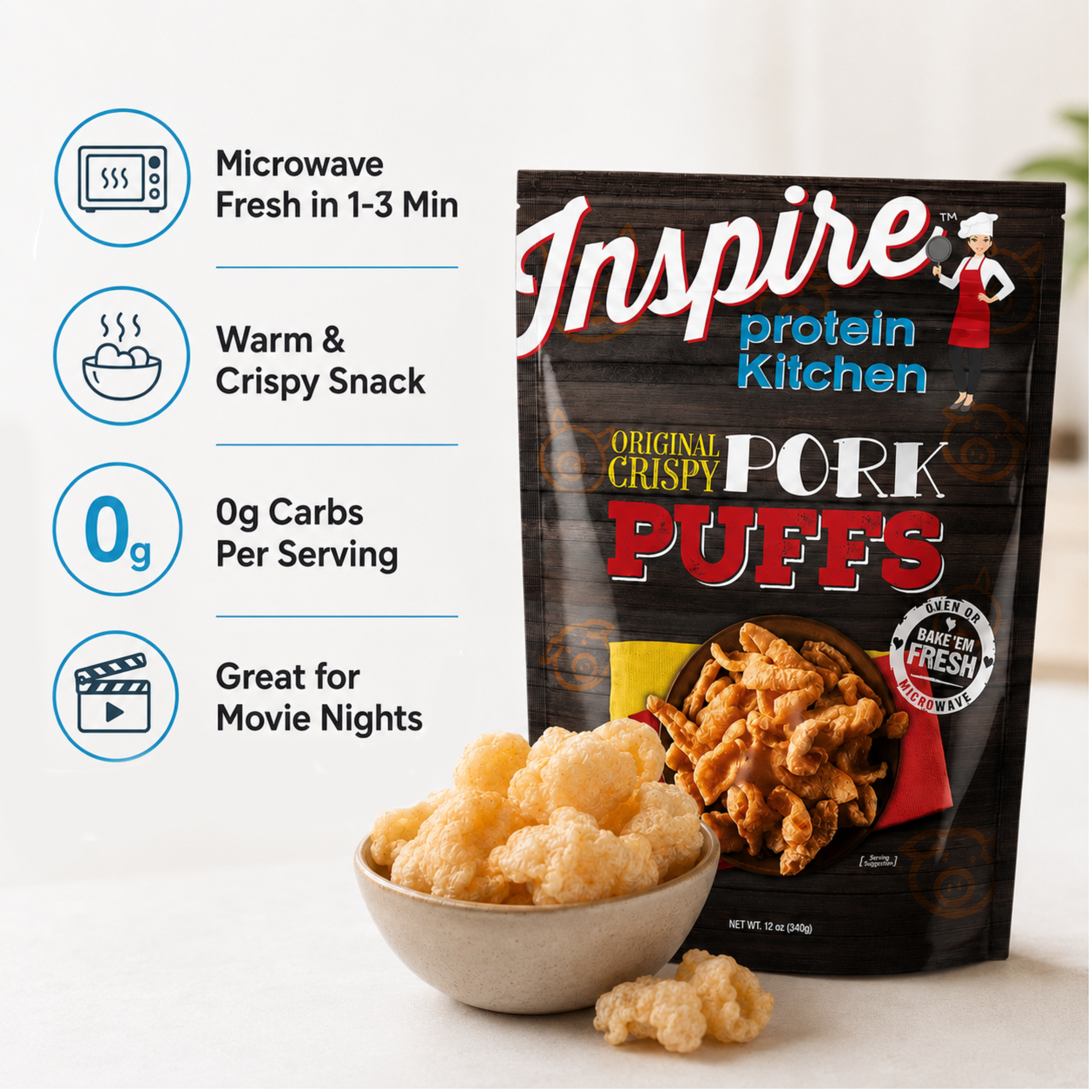 Inspire Original Crispy Pork Puffs beside a bowl of freshly baked puffs. Each serving has 60 calories, 10 grams of protein and zero carbs; 24 servings per bag.