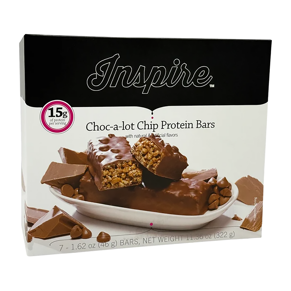 A box of Inspire Choc-a-lot Chip Protein Bars displays a partially broken bar revealing its chewy interior, surrounded by chocolate pieces, emphasizing its 15g protein content per serving.