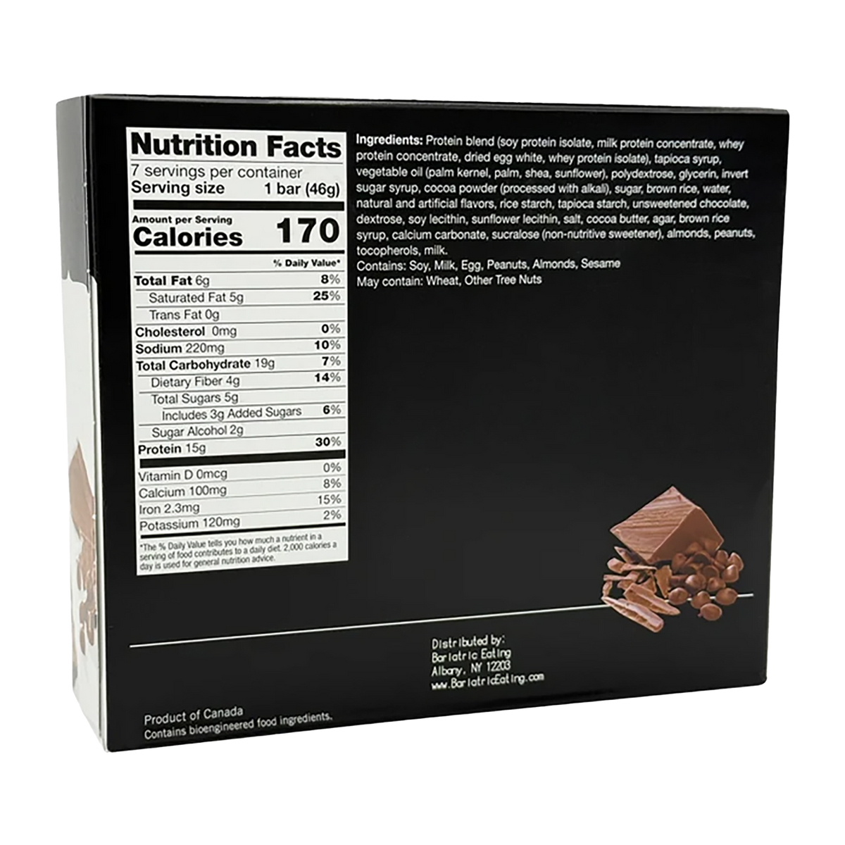 A nutrition facts label on a protein bar box displays serving size, calorie count, and ingredients, alongside a small image of chocolate pieces and a protein bar.