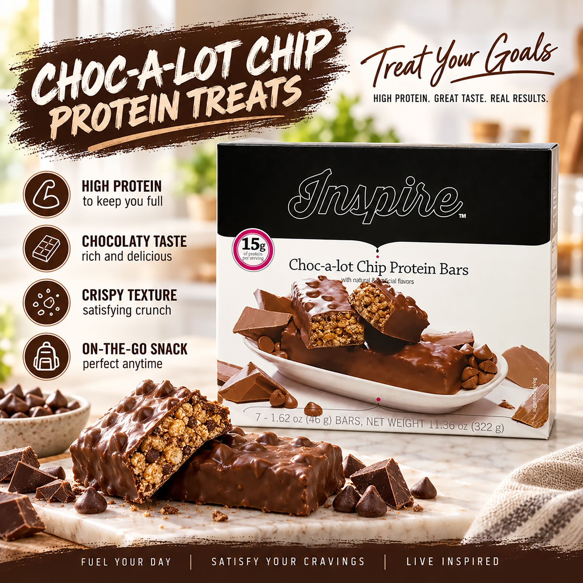 A box of Choc-a-lot Chip Protein Bars sits on a marble surface, with one bar broken in half, showcasing its crispy texture and chocolate chips, surrounded by scattered chocolate chips and a snack-friendly setting.