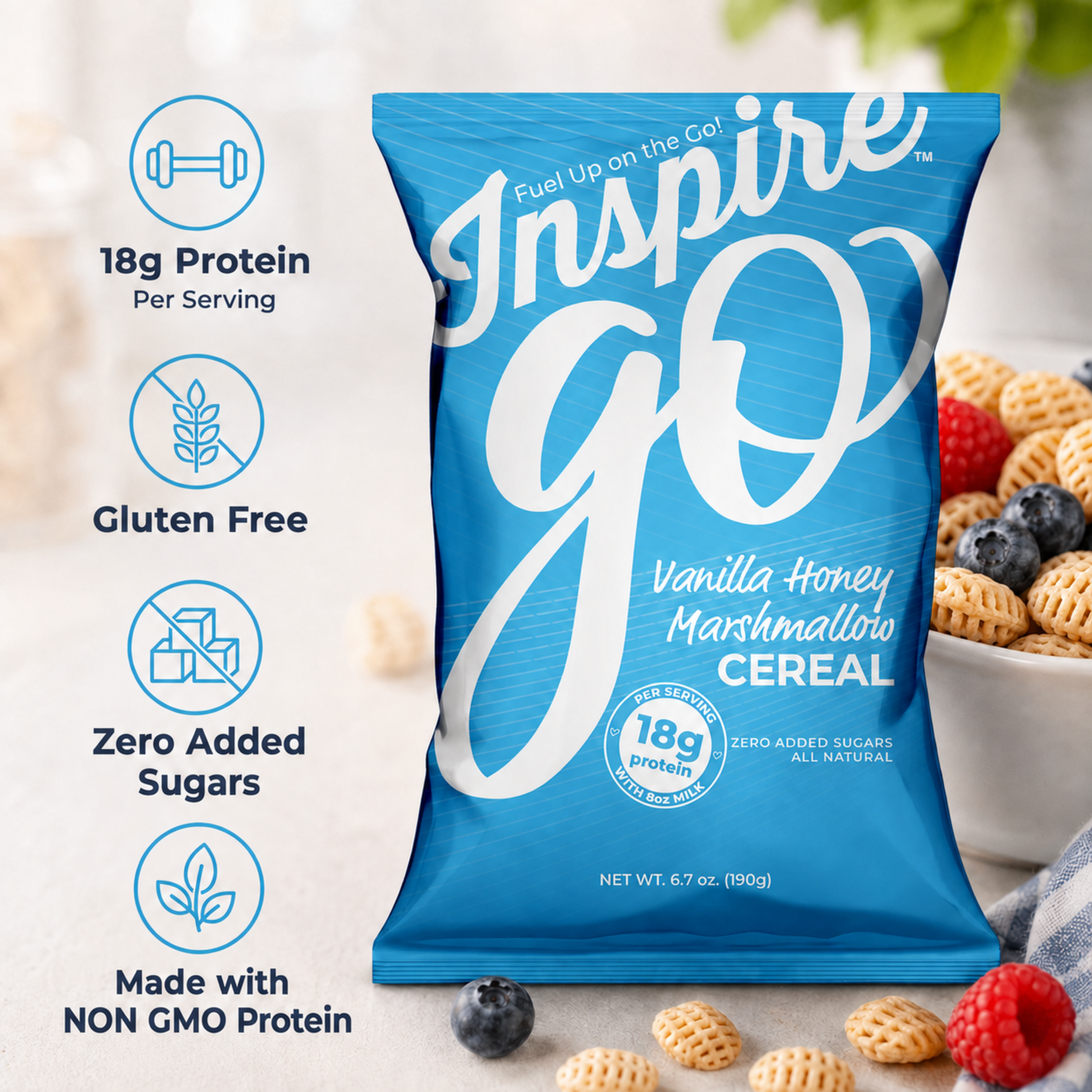 Vanilla Honey Marshmallow Cereal with 18 grams of protein per serving and zero added sugar.