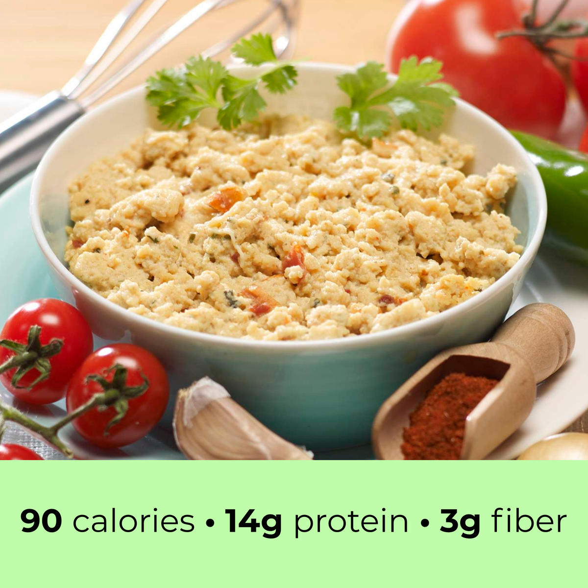 Inspire Southwest Egg Scramble Mix. Each packet has 90 calories, 14 grams of protein, 6 grams of carbs and 3 grams of fiber.