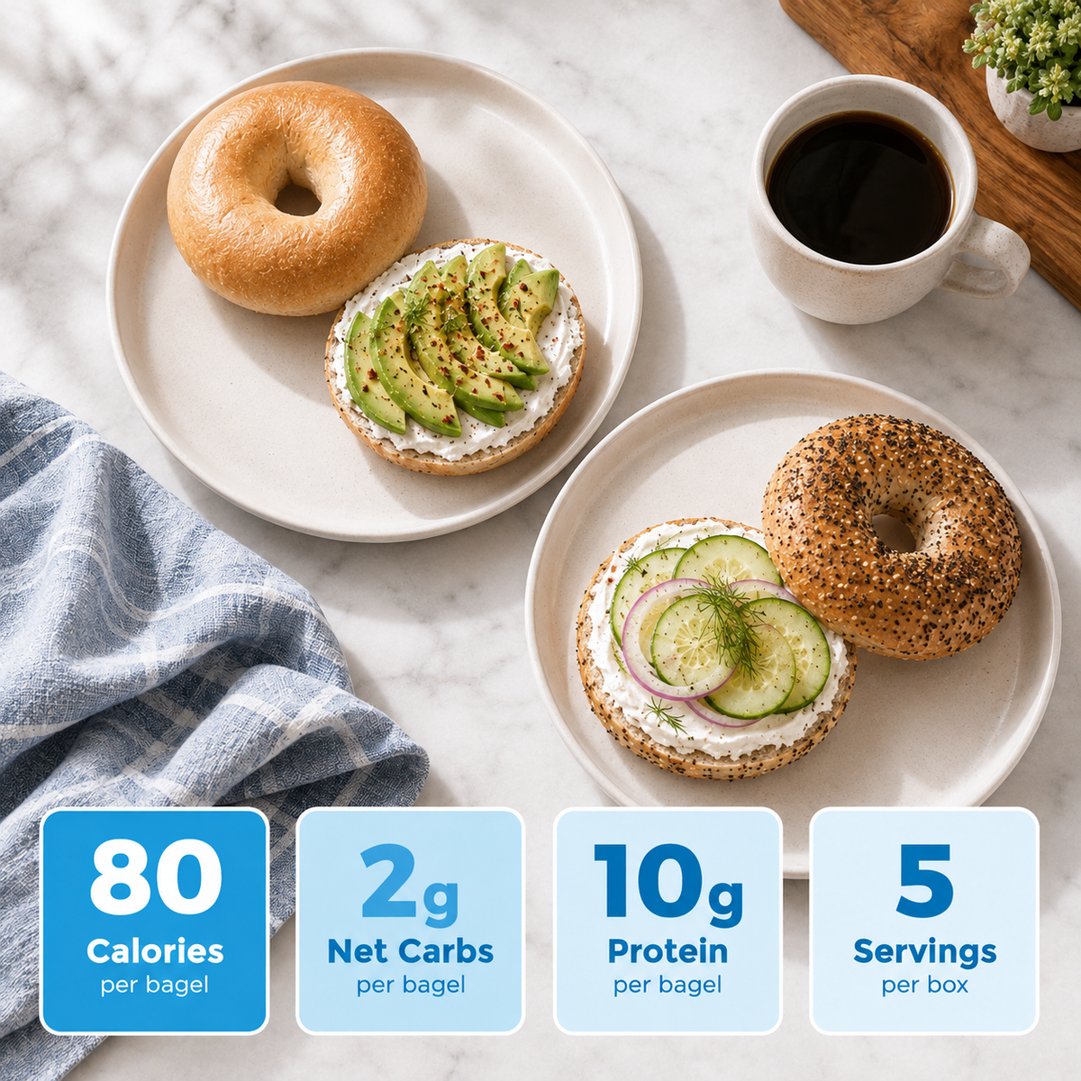 Inspire Protein Bagels, just 2g net carbs and 80 calories per bagel.